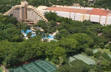 Aerial view of The Cascades, pool, gardens and tennis courts